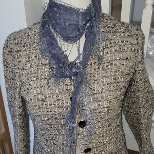 Vintage Boho Tickled Pink Thin Lightweight Scarf With Lace Trim Fringe. Blue.